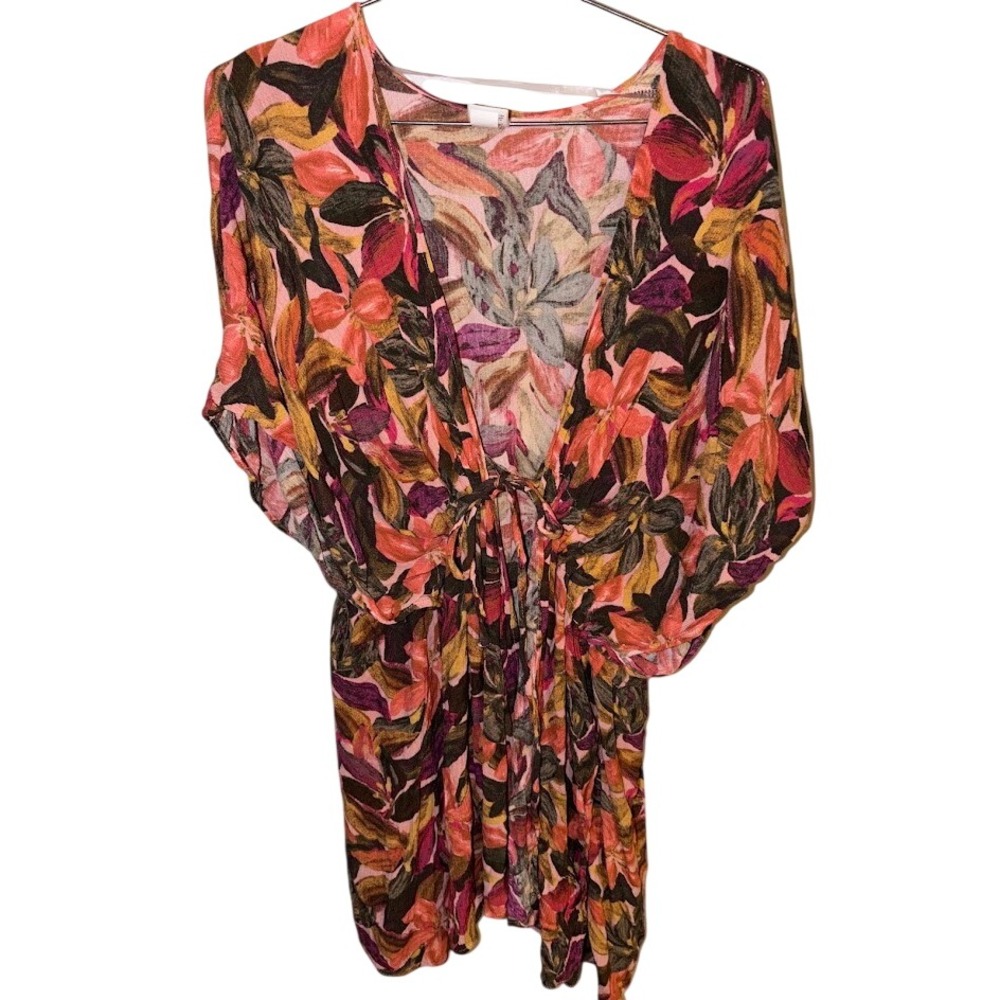 Tropical Floral Swimsuit Coverup Pink Orange Rayon V-Neck XXL-XXXL AJ1085